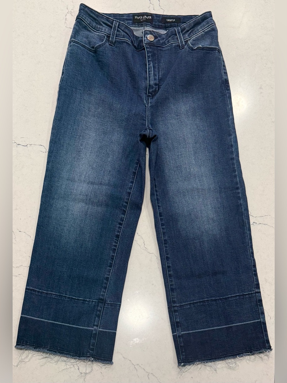 Susan Graver Cropped Wide Leg Jeans – Medium Wash Blue Denim Size 4 Boho